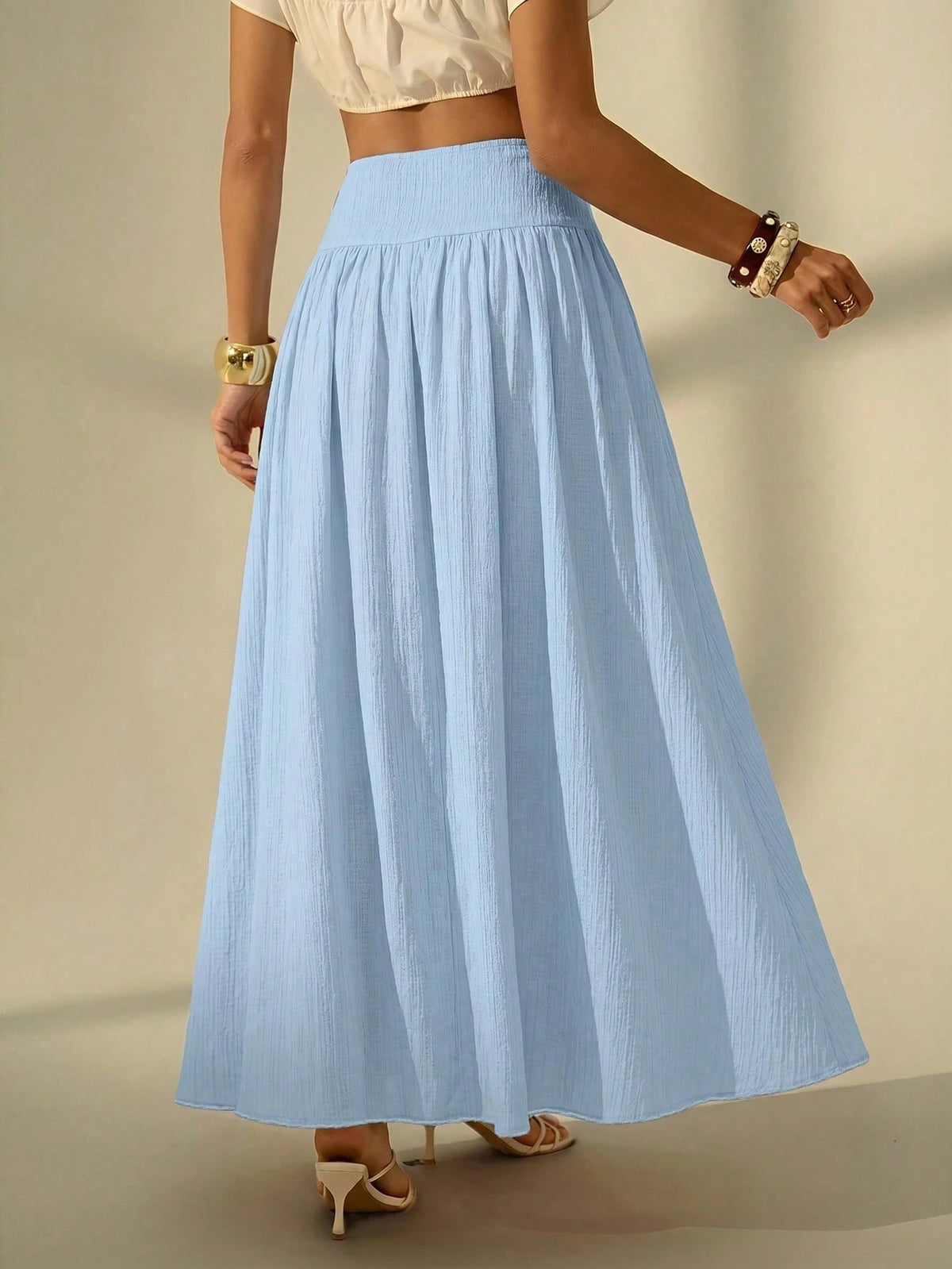 Tall Women's Solid Color Pleated Casual Boho Vacation Skirt, Tall Women Light Blue Autumn Beach
