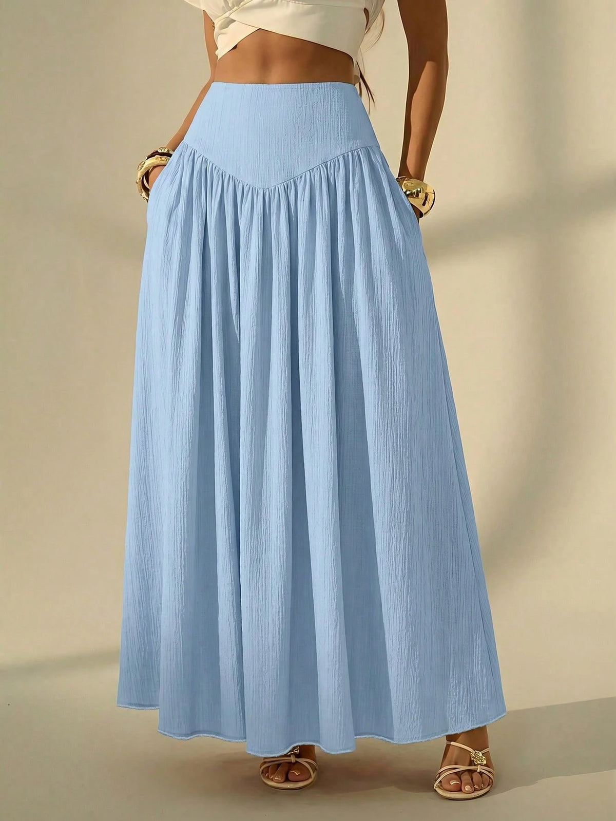 Tall Women's Solid Color Pleated Casual Boho Vacation Skirt, Tall Women Light Blue Autumn Beach