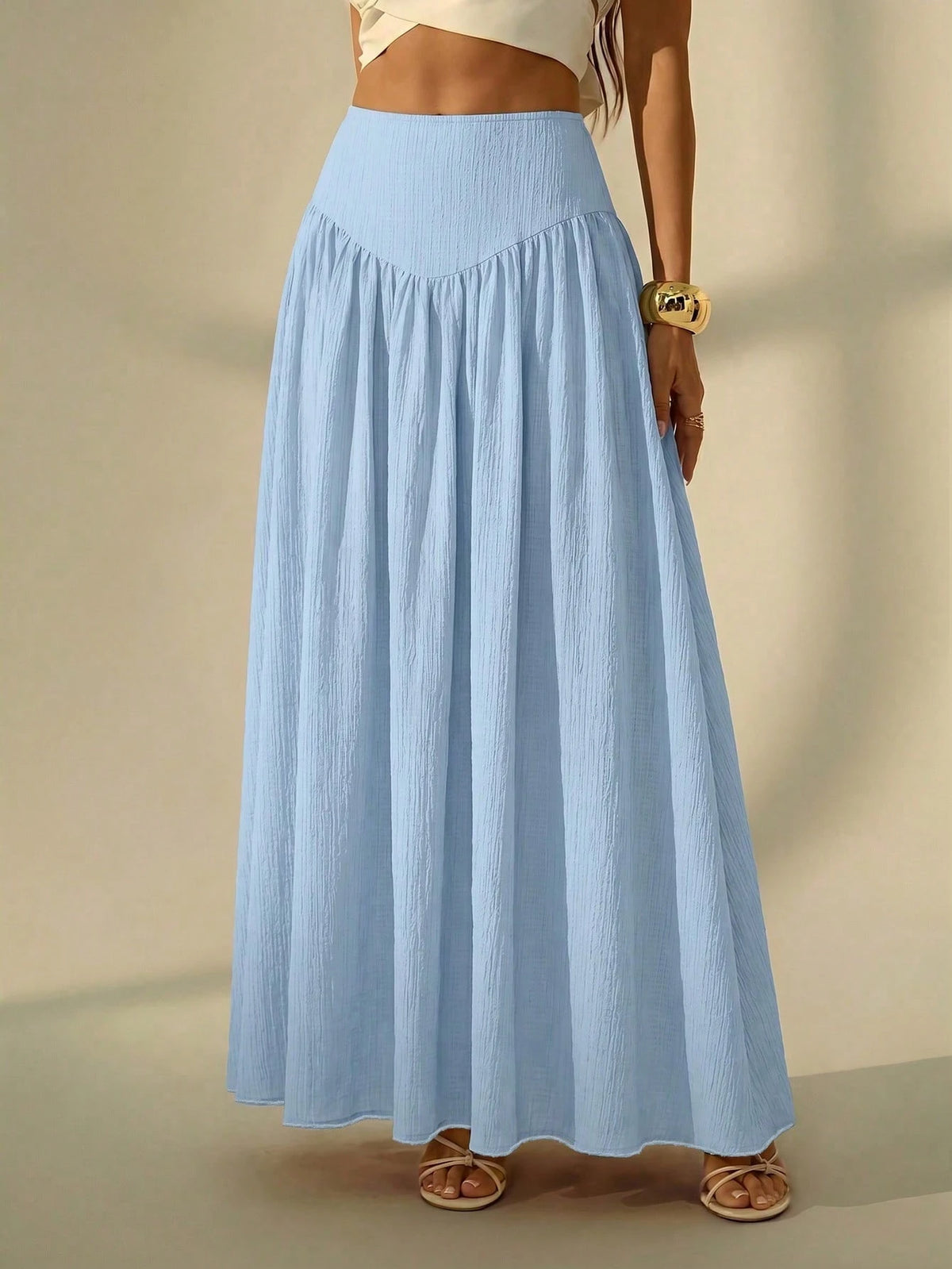 Tall Women's Solid Color Pleated Casual Boho Vacation Skirt, Tall Women Light Blue Autumn Beach