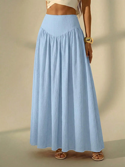 Tall Women's Solid Color Pleated Casual Boho Vacation Skirt, Tall Women Light Blue Autumn Beach
