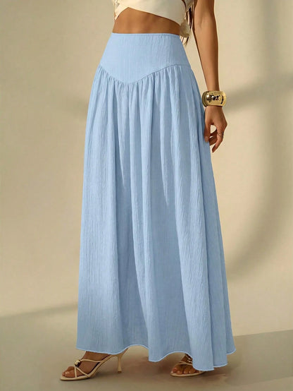 Tall Women's Solid Color Pleated Casual Boho Vacation Skirt, Tall Women Light Blue Autumn Beach