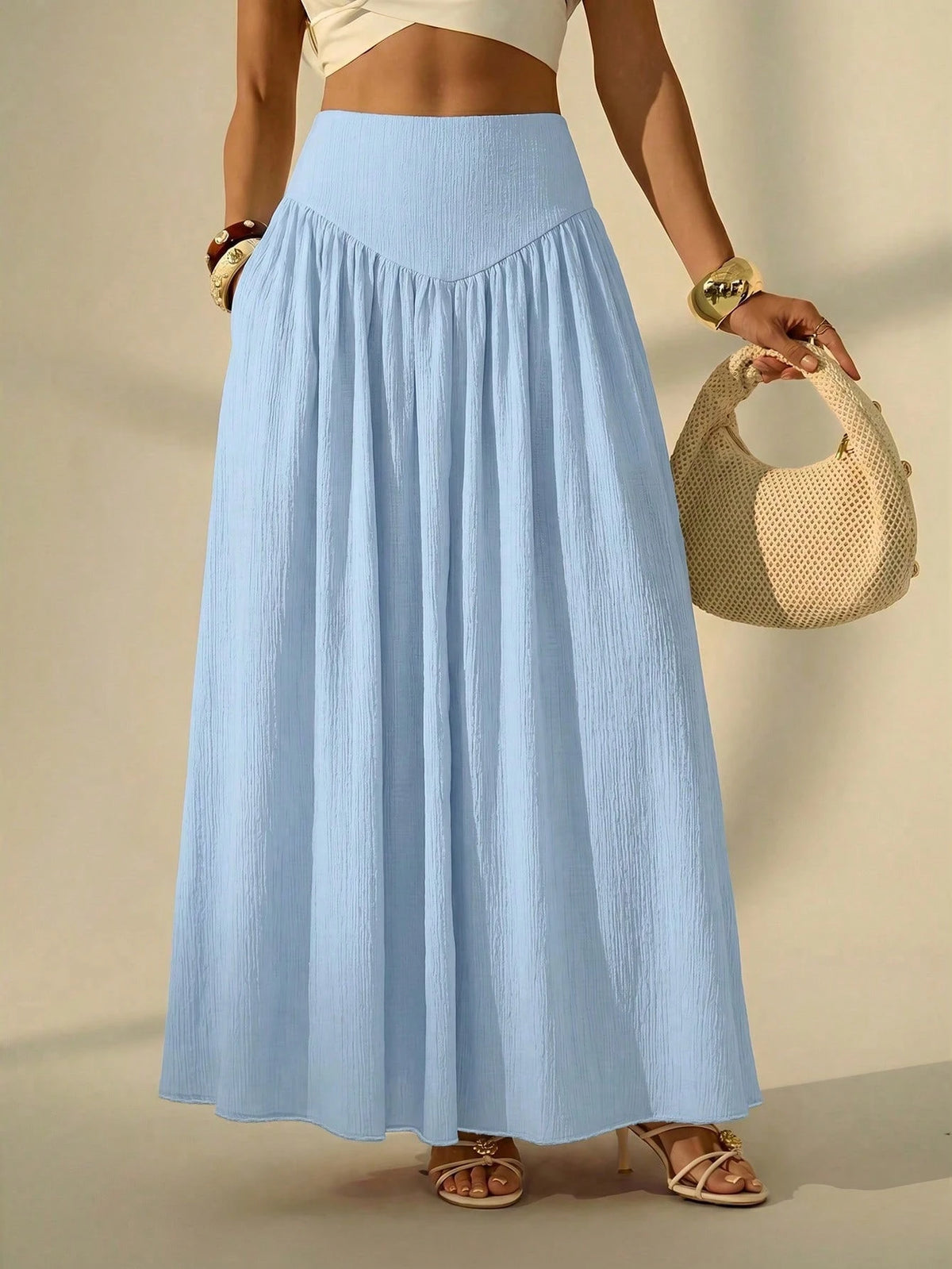 Tall Women's Solid Color Pleated Casual Boho Vacation Skirt, Tall Women Light Blue Autumn Beach