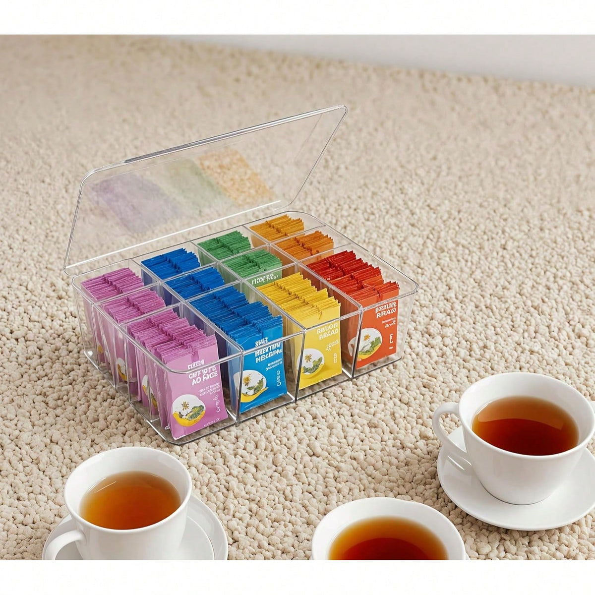 Tea Bags Organizer: Large Tea Bag Holder Organizer With Lid, Acrylic Drink Packets Storage For Cabinet, Counter, Countertop, Drink Packets Caddy For 16 Different Types