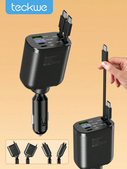 Teckwe Retractable Car Charger With Digital Display, 5 In 1 Fast Car Phone Charger With 2 PD Ports, 2 Retractable Cables And USB Car Charger Compatible With Iphone 16/15/14/13/12, Compatible With Gala