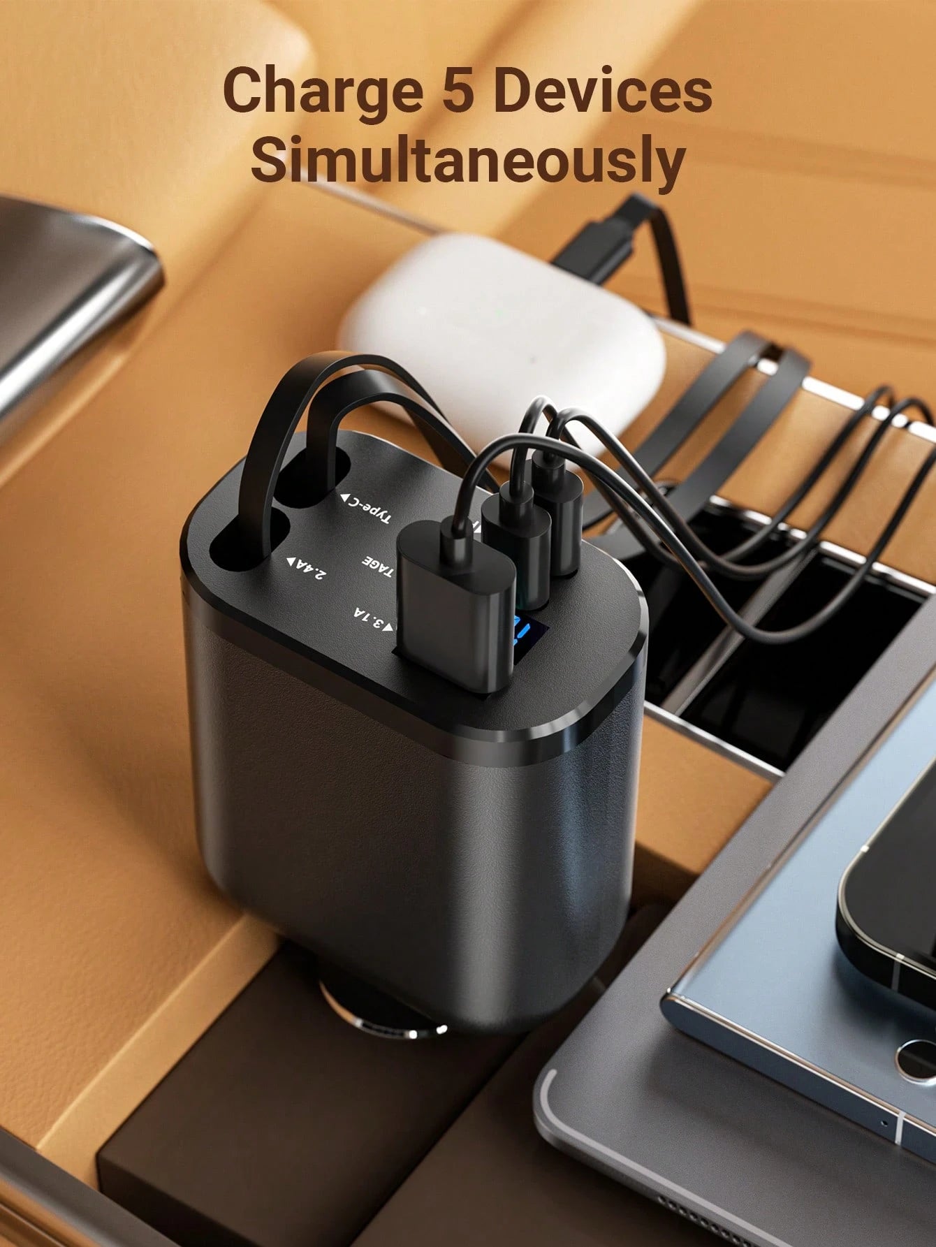 Teckwe Retractable Car Charger With Digital Display, 5 In 1 Fast Car Phone Charger With 2 PD Ports, 2 Retractable Cables And USB Car Charger Compatible With Iphone 16/15/14/13/12, Compatible With Gala