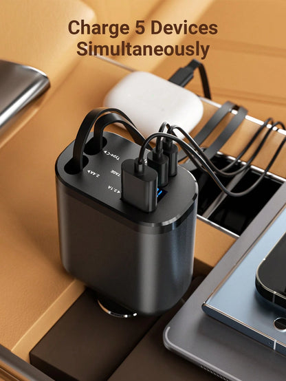 Teckwe Retractable Car Charger With Digital Display, 5 In 1 Fast Car Phone Charger With 2 PD Ports, 2 Retractable Cables And USB Car Charger Compatible With Iphone 16/15/14/13/12, Compatible With Gala