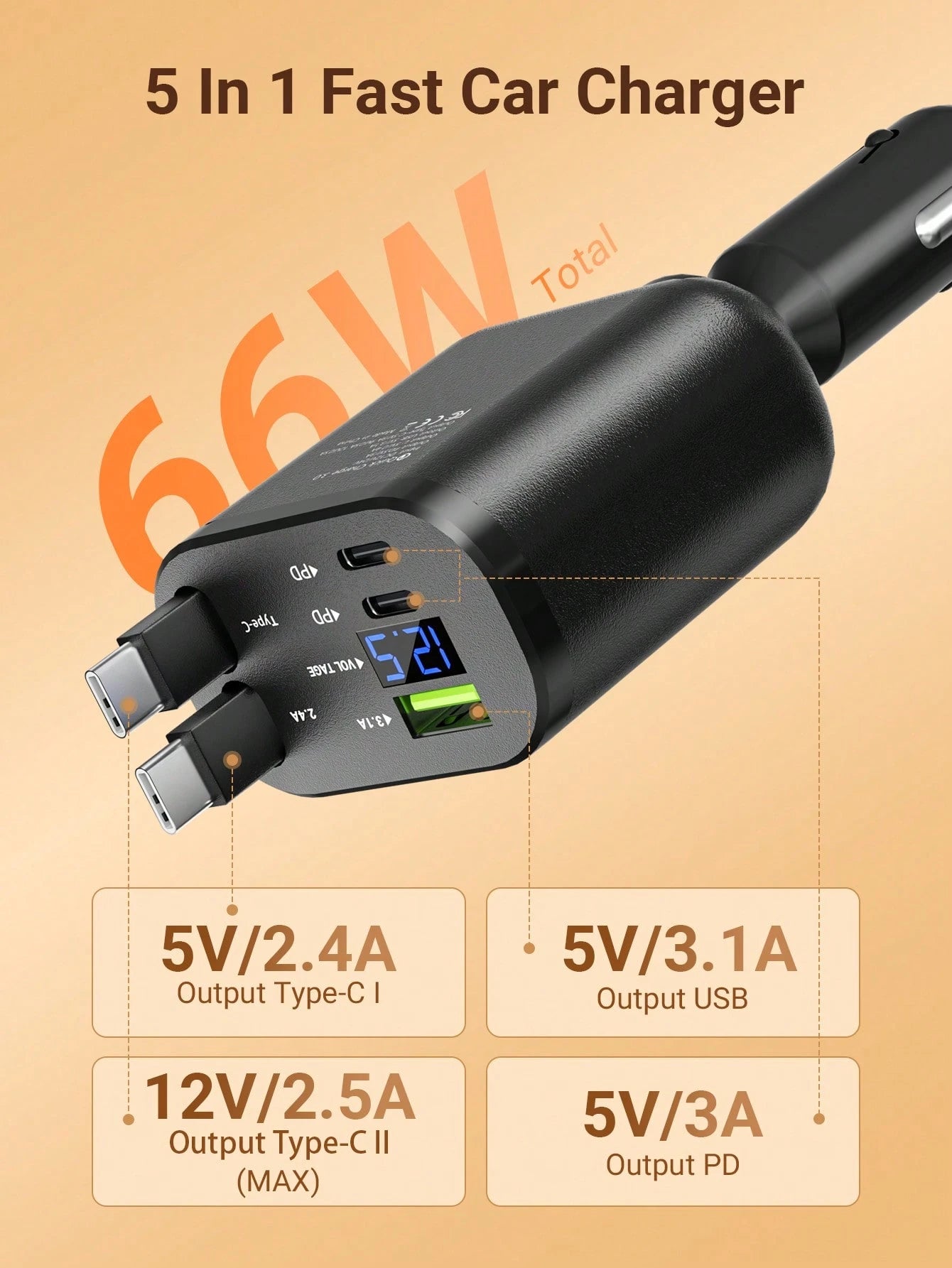 Teckwe Retractable Car Charger With Digital Display, 5 In 1 Fast Car Phone Charger With 2 PD Ports, 2 Retractable Cables And USB Car Charger Compatible With Iphone 16/15/14/13/12, Compatible With Gala
