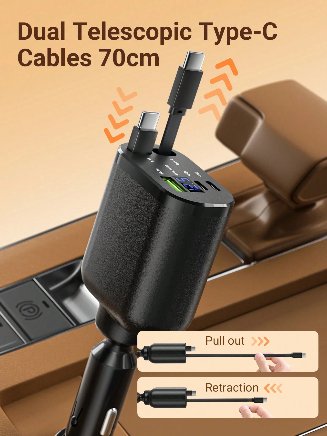 Teckwe Retractable Car Charger With Digital Display, 5 In 1 Fast Car Phone Charger With 2 PD Ports, 2 Retractable Cables And USB Car Charger Compatible With Iphone 16/15/14/13/12, Compatible With Gala