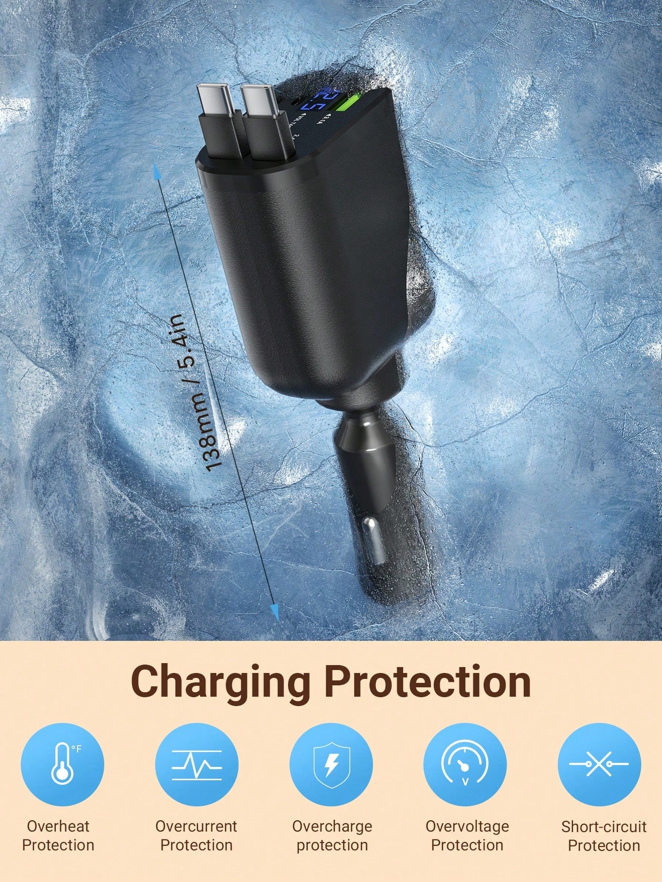 Teckwe Retractable Car Charger With Digital Display, 5 In 1 Fast Car Phone Charger With 2 PD Ports, 2 Retractable Cables And USB Car Charger Compatible With Iphone 16/15/14/13/12, Compatible With Gala