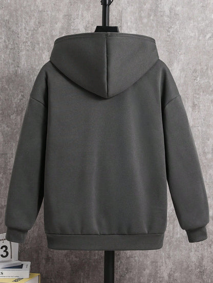 Teen Boys' Oversized Gray Zip Up Hoodie Sweatshirt Autumn Jacket,Casual Collegiate Style Soft Fabric For Winter,Streetwear,Graduation,Back-To-School