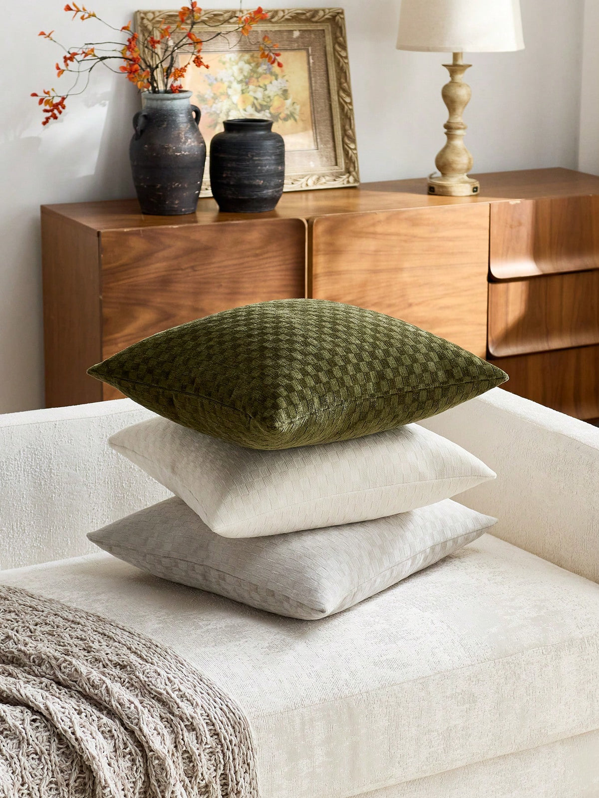 Textured Checkered Throw Pillow Cover, Neutral Beige Square Decorative Cushion Case, Soft Woven Pillowcase For Sofa, Couch, Bed, Living Room And Bedroom Decor, 18x18 Inch