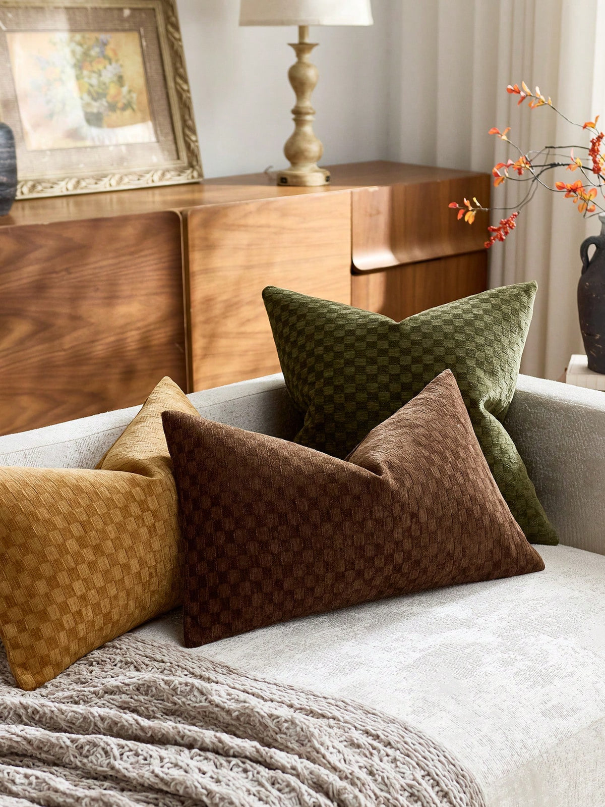 Textured Checkered Throw Pillow Cover, Neutral Beige Square Decorative Cushion Case, Soft Woven Pillowcase For Sofa, Couch, Bed, Living Room And Bedroom Decor, 18x18 Inch