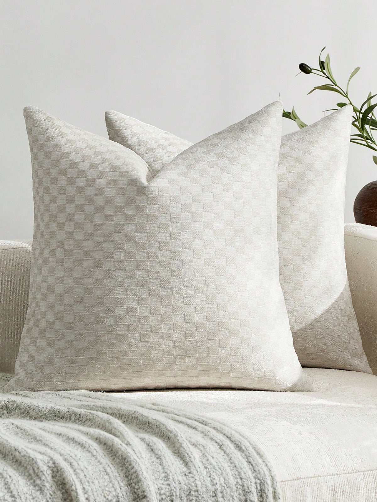 Textured Checkered Throw Pillow Cover, Neutral Beige Square Decorative Cushion Case, Soft Woven Pillowcase For Sofa, Couch, Bed, Living Room And Bedroom Decor, 18x18 Inch