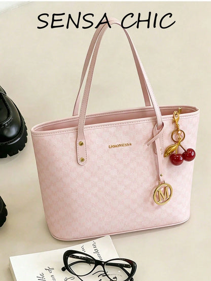 This Fashionable New Shoulder Bag Is Made Of Waterproof PU Material, Decorated With Letter Patterns And Cherry Pendants. It Is A Spacious Handbag And Business Commuter Bag, Suitable For Shopping, Comm