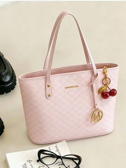 This Fashionable New Shoulder Bag Is Made Of Waterproof PU Material, Decorated With Letter Patterns And Cherry Pendants. It Is A Spacious Handbag And Business Commuter Bag, Suitable For Shopping, Comm