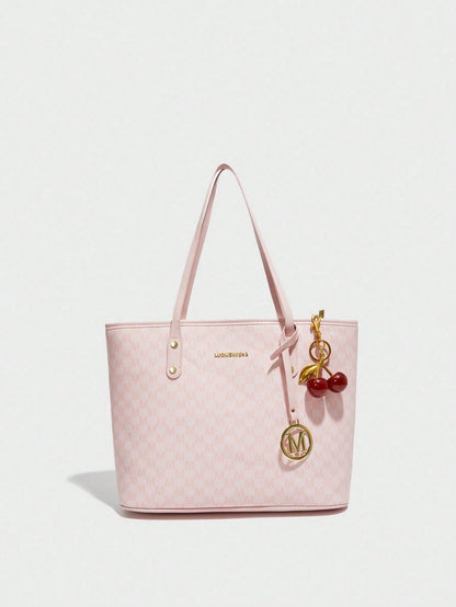 This Fashionable New Shoulder Bag Is Made Of Waterproof PU Material, Decorated With Letter Patterns And Cherry Pendants. It Is A Spacious Handbag And Business Commuter Bag, Suitable For Shopping, Comm