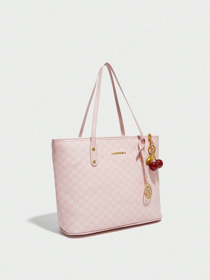 This Fashionable New Shoulder Bag Is Made Of Waterproof PU Material, Decorated With Letter Patterns And Cherry Pendants. It Is A Spacious Handbag And Business Commuter Bag, Suitable For Shopping, Comm