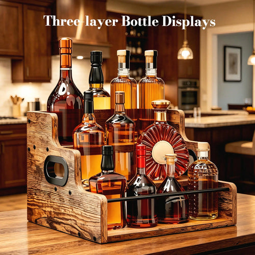 Three-Layer Countertop Wine Rack, Solid Wood Display Rack, Whisky, Spirits, Coffee, Tea And Seasoning Storage Rack, Suitable For Bar And Home Storage, Comes With A Wine Glass Polishing Cloth