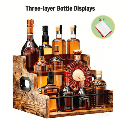 Three-Layer Countertop Wine Rack, Solid Wood Display Rack, Whisky, Spirits, Coffee, Tea And Seasoning Storage Rack, Suitable For Bar And Home Storage, Comes With A Wine Glass Polishing Cloth