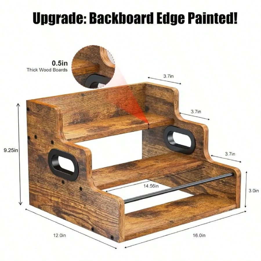 Three-Layer Countertop Wine Rack, Solid Wood Display Rack, Whisky, Spirits, Coffee, Tea And Seasoning Storage Rack, Suitable For Bar And Home Storage, Comes With A Wine Glass Polishing Cloth