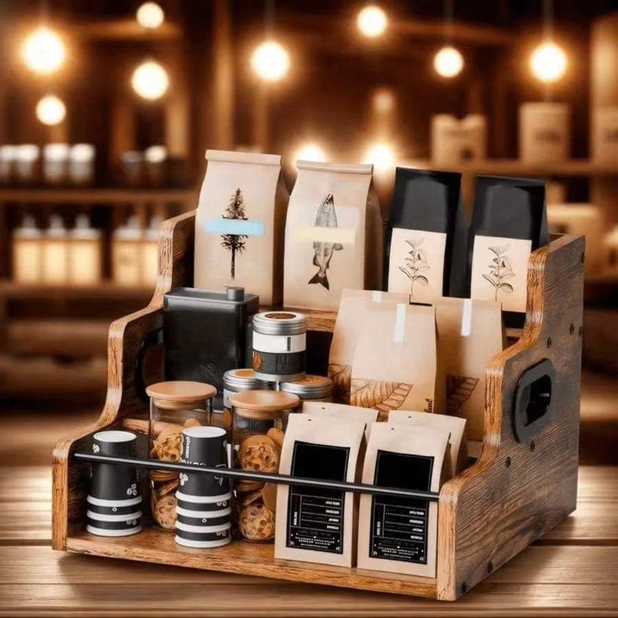 Three-Layer Countertop Wine Rack, Solid Wood Display Rack, Whisky, Spirits, Coffee, Tea And Seasoning Storage Rack, Suitable For Bar And Home Storage, Comes With A Wine Glass Polishing Cloth