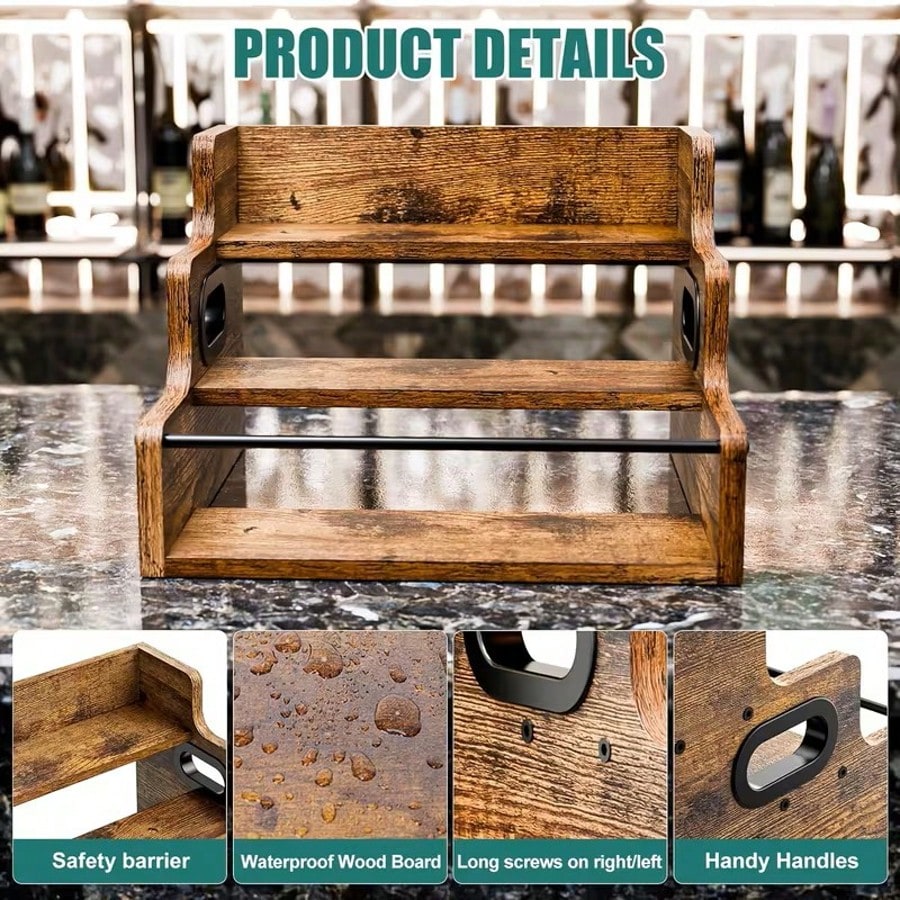 Three-Layer Countertop Wine Rack, Solid Wood Display Rack, Whisky, Spirits, Coffee, Tea And Seasoning Storage Rack, Suitable For Bar And Home Storage, Comes With A Wine Glass Polishing Cloth