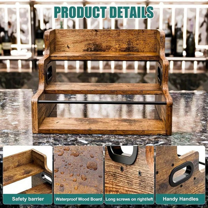 Three-Layer Countertop Wine Rack, Solid Wood Display Rack, Whisky, Spirits, Coffee, Tea And Seasoning Storage Rack, Suitable For Bar And Home Storage, Comes With A Wine Glass Polishing Cloth