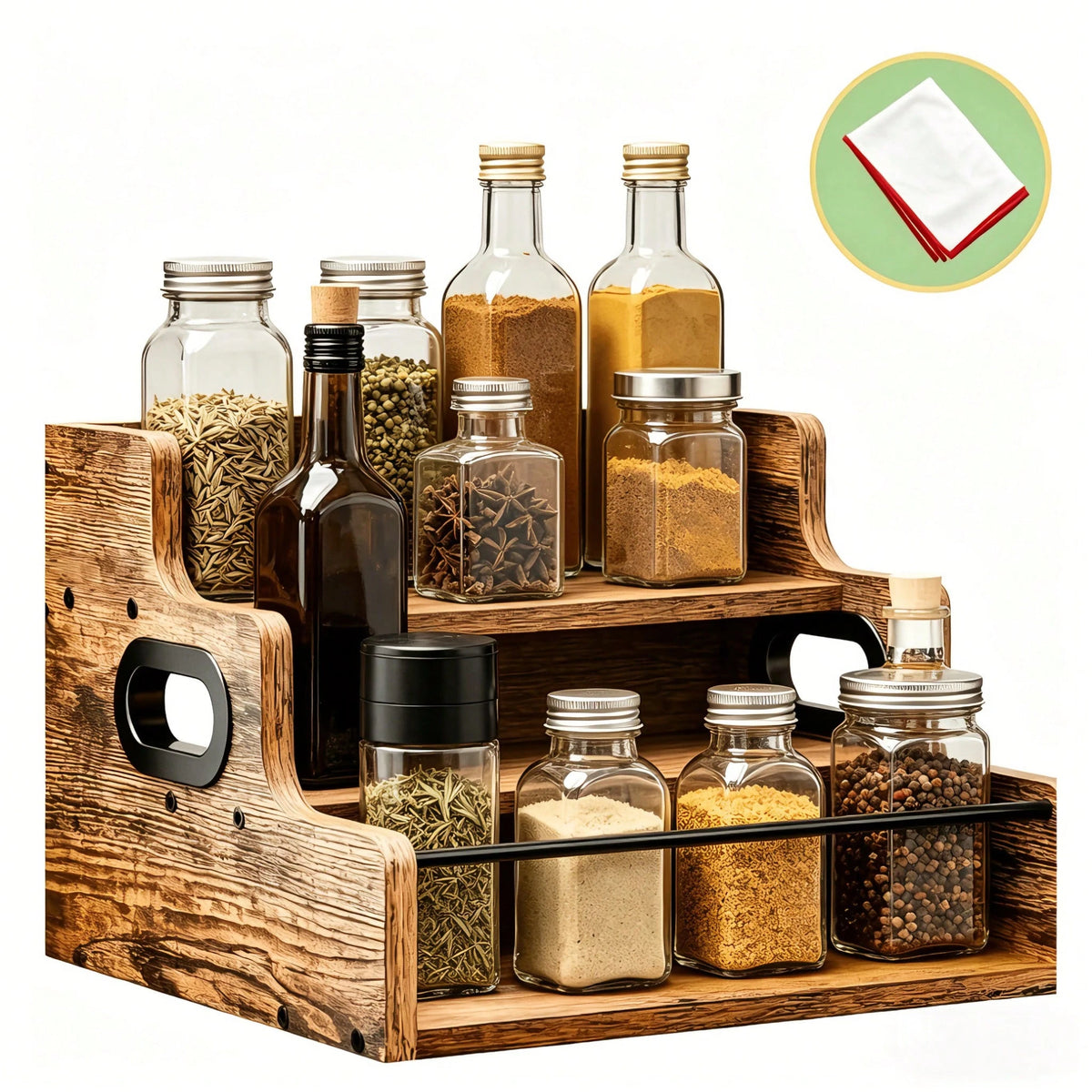 Three-Layer Countertop Wine Rack, Solid Wood Display Rack, Whisky, Spirits, Coffee, Tea And Seasoning Storage Rack, Suitable For Bar And Home Storage, Comes With A Wine Glass Polishing Cloth