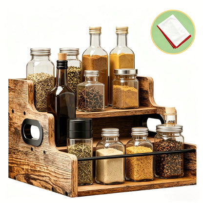 Three-Layer Countertop Wine Rack, Solid Wood Display Rack, Whisky, Spirits, Coffee, Tea And Seasoning Storage Rack, Suitable For Bar And Home Storage, Comes With A Wine Glass Polishing Cloth