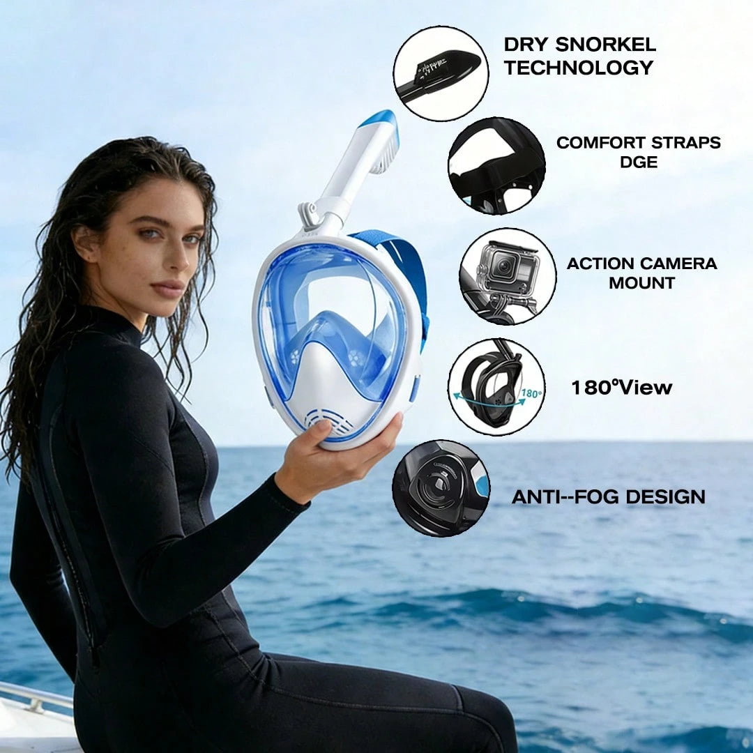 THREE SNOWMEN New Blue Model: The Best Snorkel Mask Of All Time! Anti-Fog, Leak-Proof, And 180° Panoramic View.Blue-L\XL