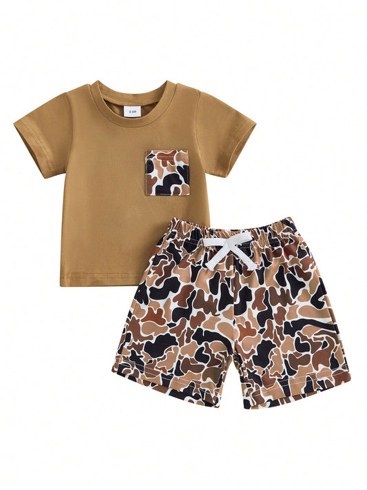 Toddler Baby Boys Summer Outfit, Short Sleeve Crew Neck T-Shirt Tops With Camouflage Shorts 2Pcs Clothes Set