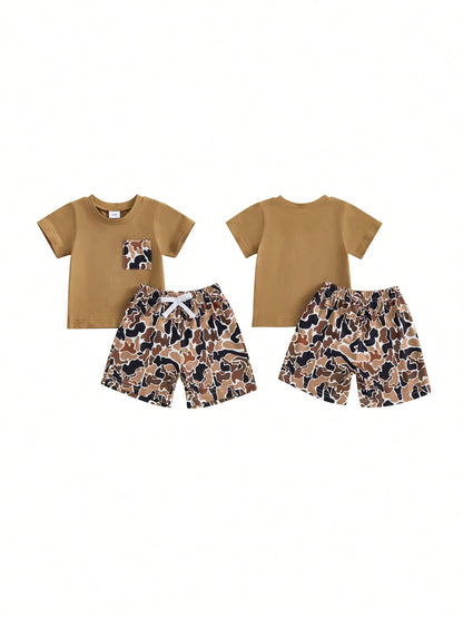 Toddler Baby Boys Summer Outfit, Short Sleeve Crew Neck T-Shirt Tops With Camouflage Shorts 2Pcs Clothes Set
