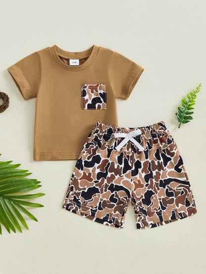Toddler Baby Boys Summer Outfit, Short Sleeve Crew Neck T-Shirt Tops With Camouflage Shorts 2Pcs Clothes Set