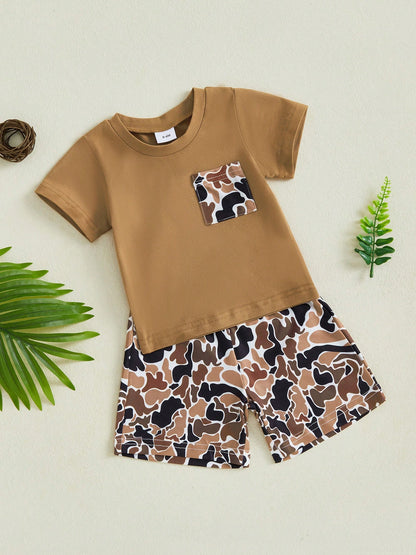 Toddler Baby Boys Summer Outfit, Short Sleeve Crew Neck T-Shirt Tops With Camouflage Shorts 2Pcs Clothes Set