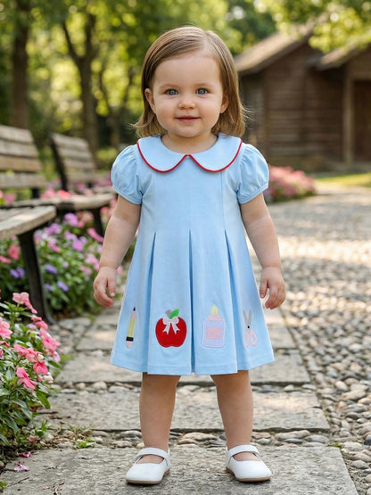 Toddler Baby Girl Back To School Dress Embroidery Short Sleeve A-Line Dresses 18M-6T Kids Casual Swing Sundress