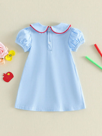 Toddler Baby Girl Back To School Dress Embroidery Short Sleeve A-Line Dresses 18M-6T Kids Casual Swing Sundress