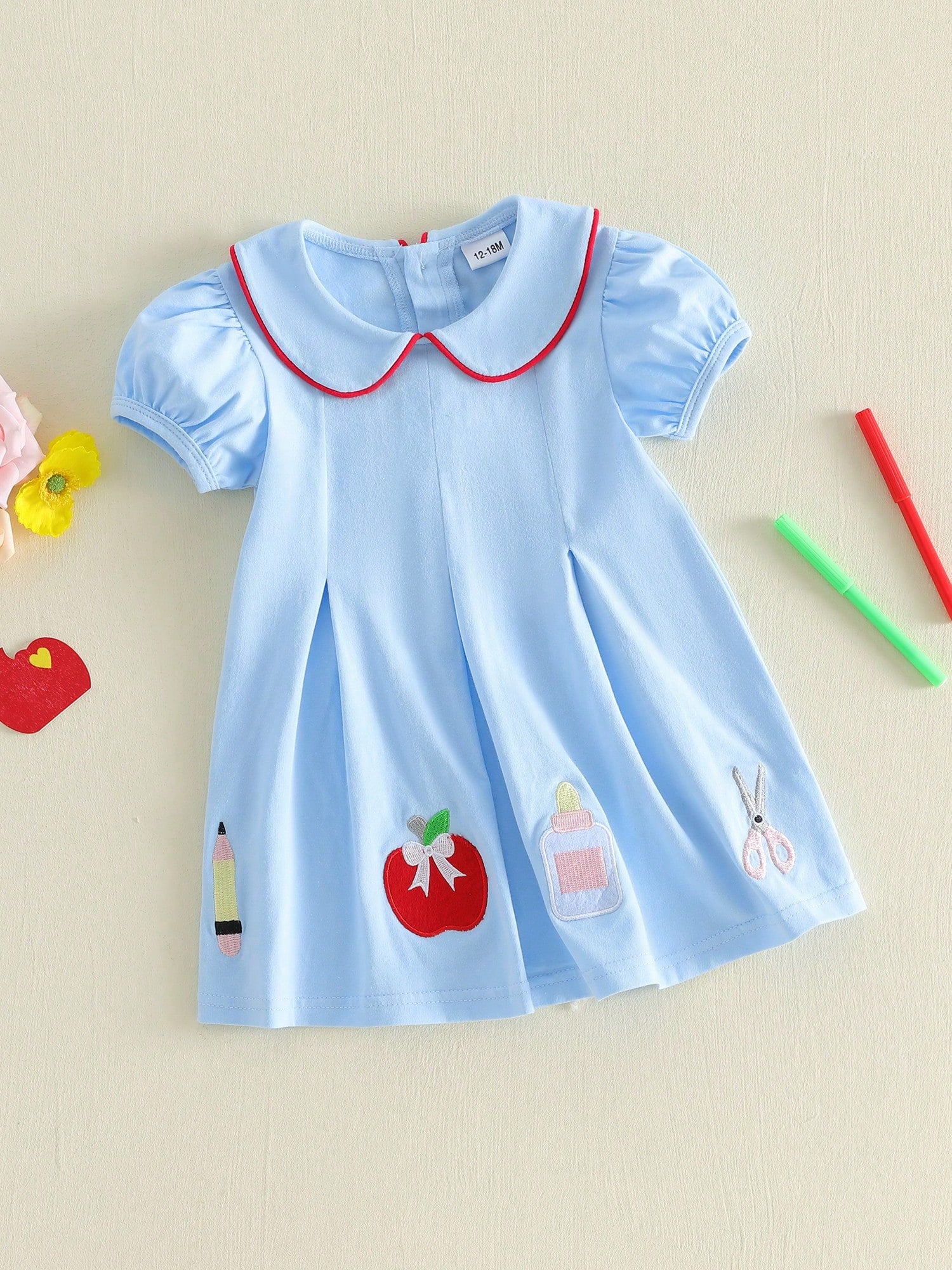 Toddler Baby Girl Back To School Dress Embroidery Short Sleeve A-Line Dresses 18M-6T Kids Casual Swing Sundress