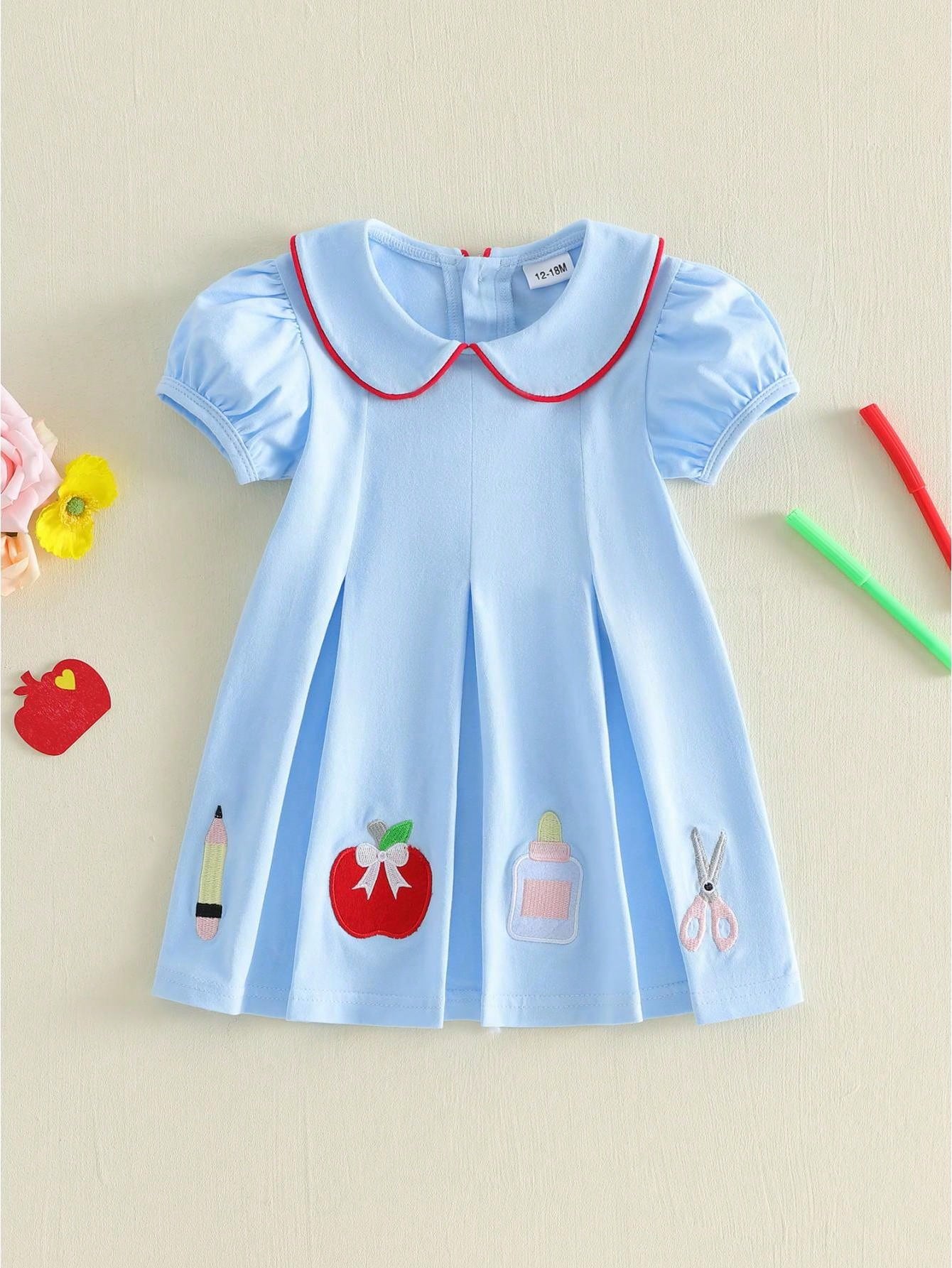 Toddler Baby Girl Back To School Dress Embroidery Short Sleeve A-Line Dresses 18M-6T Kids Casual Swing Sundress