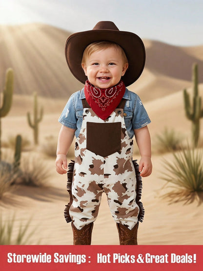 Toddler Boys' Western Cute Family Matching Basic Grandpa Cowboy Outfit White Polka Dot Autumn First Birthday Ranch Overalls Jumpsuit Hat Photoshoot