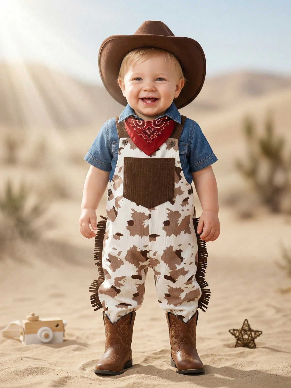 Toddler Boys' Western Cute Family Matching Basic Grandpa Cowboy Outfit White Polka Dot Autumn First Birthday Ranch Overalls Jumpsuit Hat Photoshoot