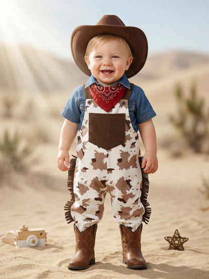 Toddler Boys' Western Cute Family Matching Basic Grandpa Cowboy Outfit White Polka Dot Autumn First Birthday Ranch Overalls Jumpsuit Hat Photoshoot