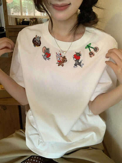 TOM AND JERRY X DAZY Women's Casual Cartoon Print Round Neck Short Sleeve T-Shirt, Summer Graphic Tee Cute Top