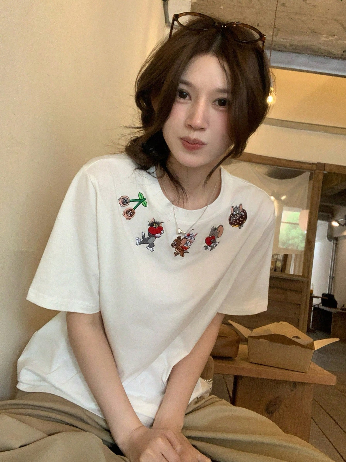 TOM AND JERRY X DAZY Women's Casual Cartoon Print Round Neck Short Sleeve T-Shirt, Summer Graphic Tee Cute Top