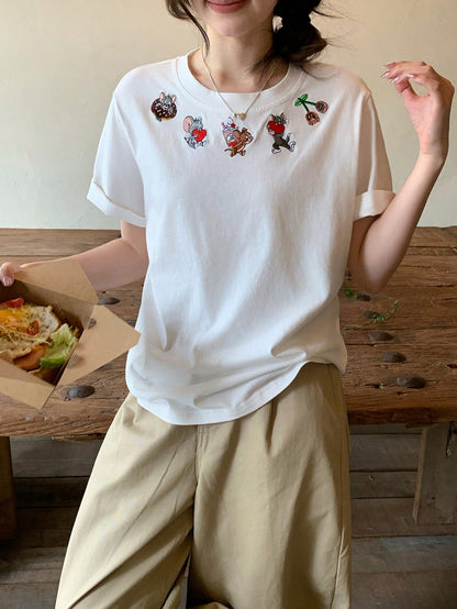 TOM AND JERRY X DAZY Women's Casual Cartoon Print Round Neck Short Sleeve T-Shirt, Summer Graphic Tee Cute Top
