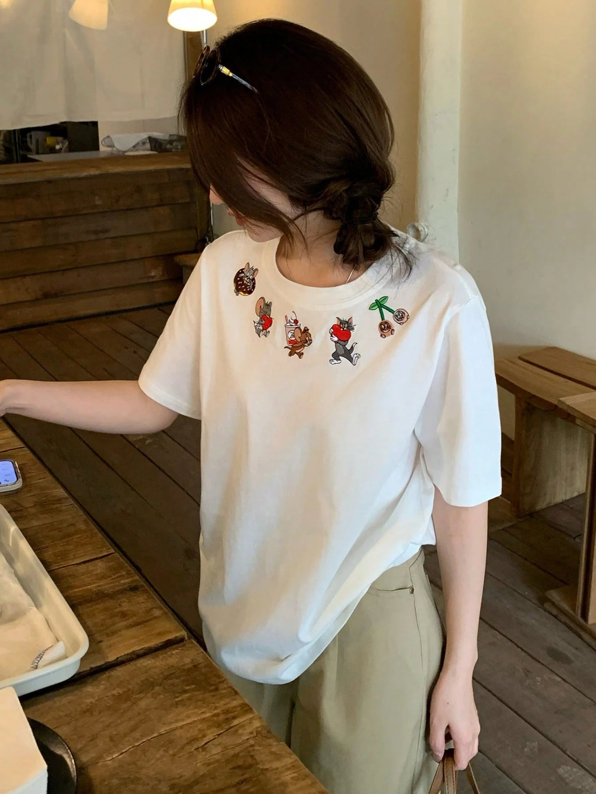 TOM AND JERRY X DAZY Women's Casual Cartoon Print Round Neck Short Sleeve T-Shirt, Summer Graphic Tee Cute Top