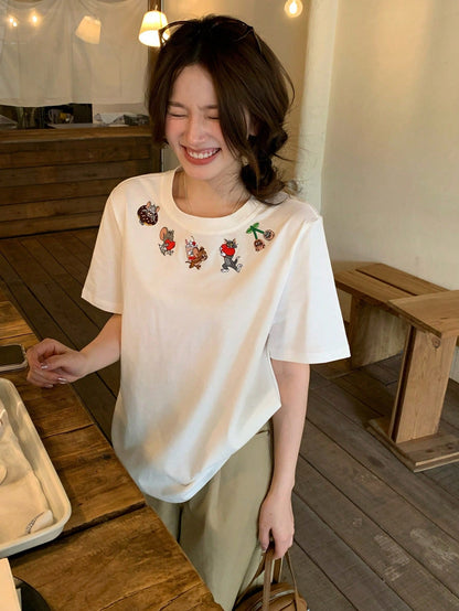 TOM AND JERRY X DAZY Women's Casual Cartoon Print Round Neck Short Sleeve T-Shirt, Summer Graphic Tee Cute Top