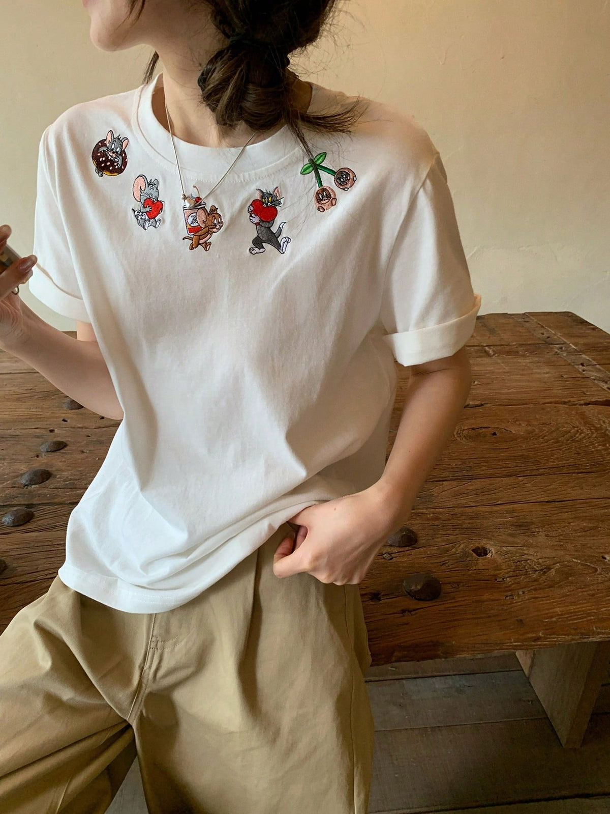 TOM AND JERRY X DAZY Women's Casual Cartoon Print Round Neck Short Sleeve T-Shirt, Summer Graphic Tee Cute Top