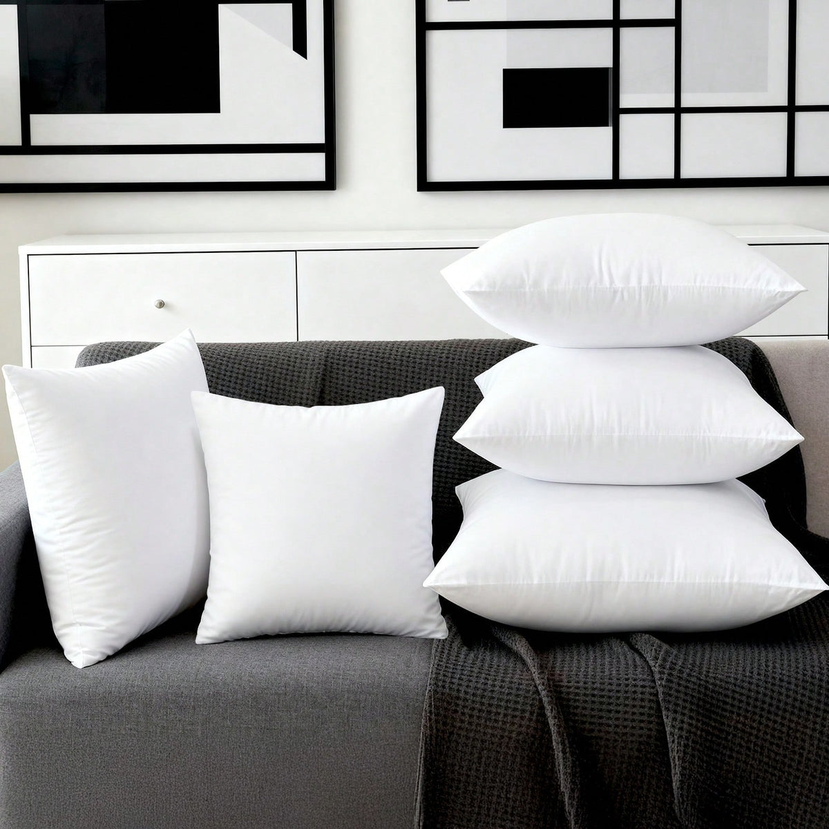 Tomnk Set Of 4/6 White Square Throw Pillows, Couch Pillow, Soft Polyester Fabric, Plush Texture, Ideal For Bed & Couch, Adds Comfort & Modern Style, Decorative Accent Cushions