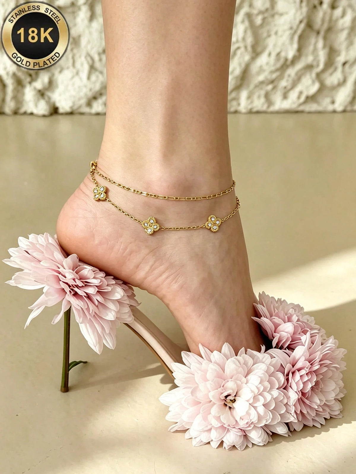 TONSI 1pc French Luxury Fashion Elegant Vacation Style 18K Gold Plated 304 Stainless Steel Double Layer Stackable Full Rhinestone Clover Adjustable Ankle Chain, Women's Summer Beach Outfit Exquisite A