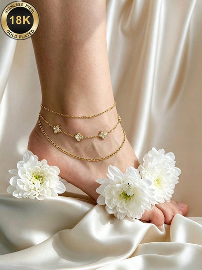 TONSI 1pc French Luxury Fashion Elegant Vacation Style 18K Gold Plated 304 Stainless Steel Double Layer Stackable Full Rhinestone Clover Adjustable Ankle Chain, Women's Summer Beach Outfit Exquisite A